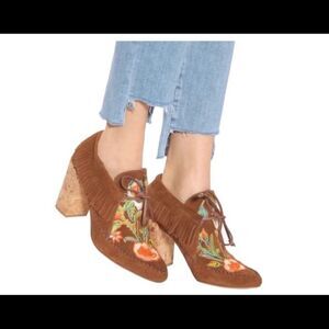 Tory Burch Huntington cognac suede leather embroidered fringe booties 9.5M